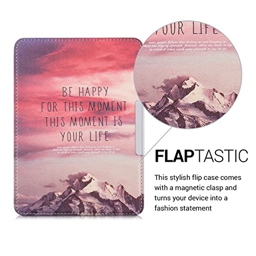 kwmobile Hülle für Amazon Kindle (8. Generation) – Flipcover Case eReader Schutzhülle – Bookstyle Klapphülle Be Happy Design Rosa Violett Koralle - 2