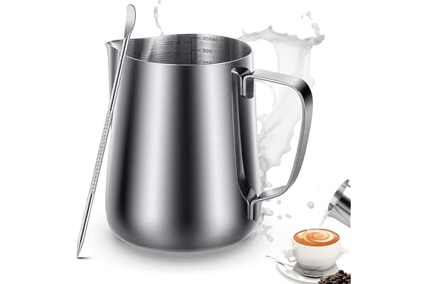 Zeitel 12oz Milk Frothing Pitcher with Scale Stainless Steel Espresso Milk Frothing Pitchers for Cappuccino Barista Steam Pitchers Milk Jug Cup with Decorating Pen Latte Art