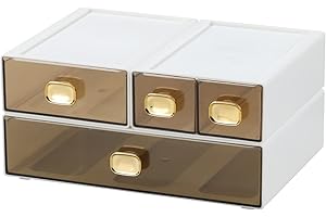 OSteed Office Desk Organiser Drawers, Stackable Desktop Storage Drawer, Plastic A4 Drawer Organiser, Stationery Storage Unit, Letter Box, Countertop Tabletop Toiletry Storage Drawers, 4 Mixed White