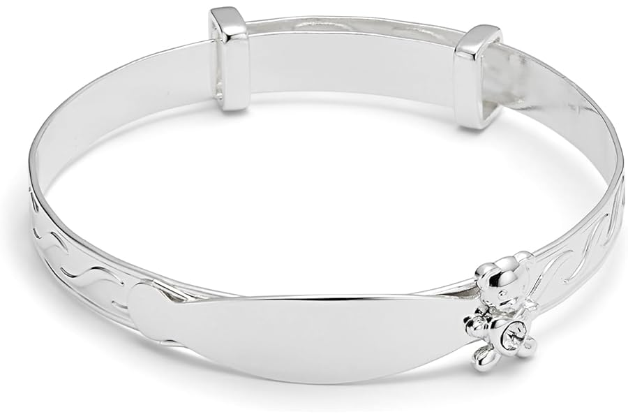 equilibrium Sparkle Teddy Silver Plated Baby Bangle – Adjustable Infant Keepsake Bracelet with Teddy Charm, New Baby Gift (H: 1.0 x W: 4.7 x D: 0.6)