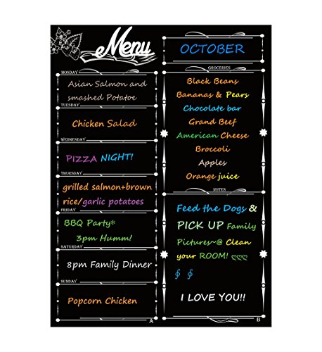 Calendario magnético, Alaman tablero de frigorífico magnético pizarra borrado en seco organizador semanal menú planificador de comidas Nota Negro Flexible pizarra negro fluorescente Junta 16 pulgadas