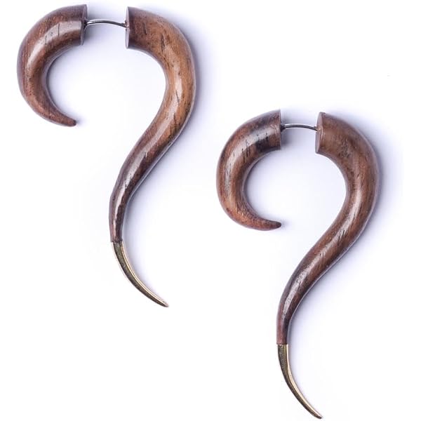 Orecchini Finti Conici In Legno E Ottone | 81stgeneration | Dilatatori Finti Stile Tribale - 2