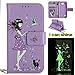 Produktbild LG K3 Luminous Leder Wallet Tasche Brieftasche Schutzhülle,Fanryn Schönes Mädchen und Katzen Muster Nacht Leuchtende Design Hochwertige PU Leder Flip Tasche Case Hülle im Bookstyle mit Standfunktion Kredit Kartenfächer für LG K3 (Helles Lila)