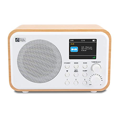 Ocean Digital Portatile DK336 Radio Digitale DAB+ / DAB/FM con Batteria Ricaricabile, 3 Pulsanti Preimpostati, 20 Stazioni per DAB e FM, Display a Colori da 2,4", Timer di Sleep, Cavo USB, Legno