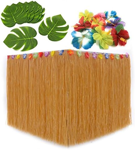 KAIFANG Hawaiian Decorations Bundle of 1 Beige Grass Table Skirt + 30 Hibiscus Flowers + 12 Tropical Leaves. Hula, Luau, Maui, Hawaiian, Moana Themed Party Decorations Set (Straw color)