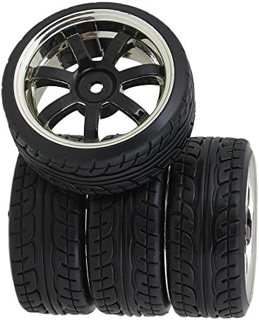 Yiguo 4pcs Plating 7-spoke Wheel Rims and Diagonal Pattern Plastic Tires for RC 1:10 Drift Car Black
