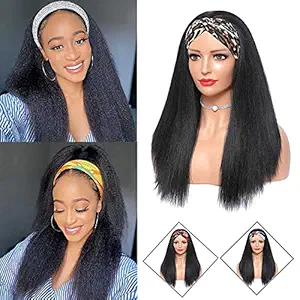 FITCHCE Headband Wigs for Women Yaki Straight Long Black Synthetic Wig None Lace Frontal for Daily Party Use 24inch (Black)