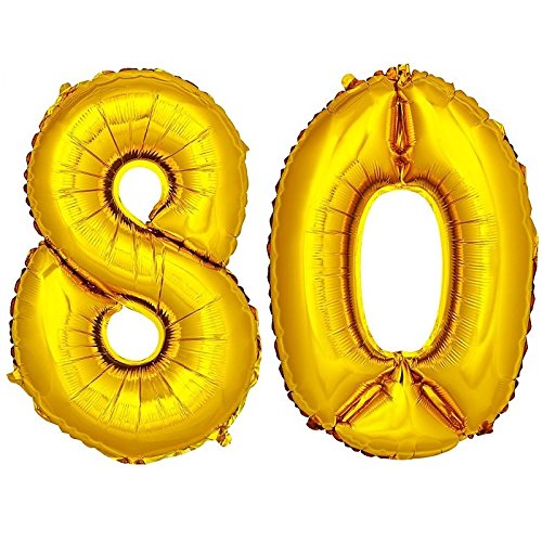 DekoRex ® Folienballon Zahlenballon Heliumballon Luftballon Geburtstag Deko 80cm Zahl Gold 80