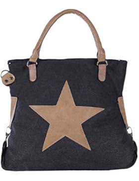 DonDon Canvas Tasche mit Stern Shopper Henkeltasche mit Schultergurt und Reißverschluss im Vintage Look 49 x 47...