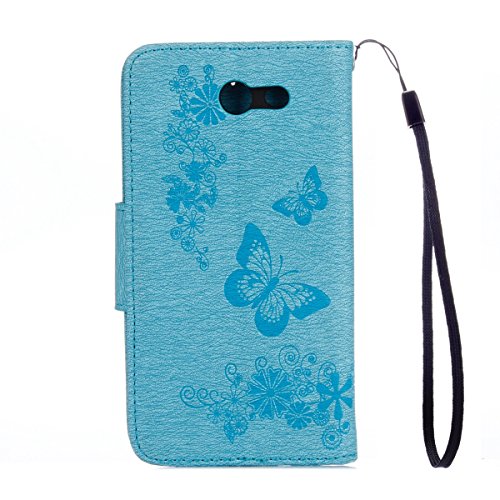 Galaxy J3 2017 Lederhülle,Samsung Galaxy J3 2017 Brieftasche,JAWSEU Vintage Retro Braun Schwarz Magnetverschluss Bookstyle Lanyard/Strap Kunstleder PU Leder Brieftasche Hülle Wallet Case Flip Cover Hü Blau Schmetterling