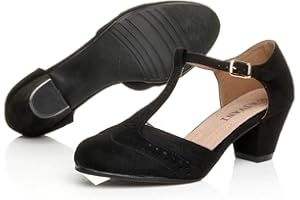 AJVANI Womens Ladies mid Cuban Heel Cut Out T-bar Mary Jane Comfort Grip Sole Brogues Sandals Shoes Size