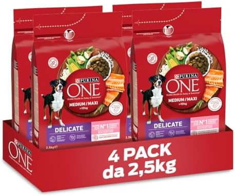 PURINA ONE Delicate Crocchette Cani Adulto Taglia Media e Maxi con Salmone, 4 Confezioni da 2,5 kg