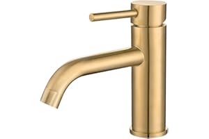 VALAZ Grifo Lavabo Dorado Cepillado Protección PVD | Grifo Monomando Lavabo, Mezclador Agua Fría y Caliente, Ahorro de Agua | Instalación Facil, Latón, Inoxidable, Oro Mate, Caño Curvo, Serie Jabalon
