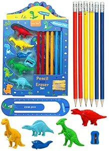 FunBlast Dinosaur Stationary Kit for Kids ? 5 Pencils, 5 Erasers, 1 Sharpener, 1 Ruler Bookmark, Stationary Set for Kids, Return Gifts for Kids (Multicolor)