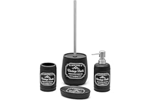 INBAGNO Set Bagno Completo in Ceramica Nera con Stampe a Contrasto Bianche, Include Dispenser Sapone, portaspazzolini, portasapone e portascopino