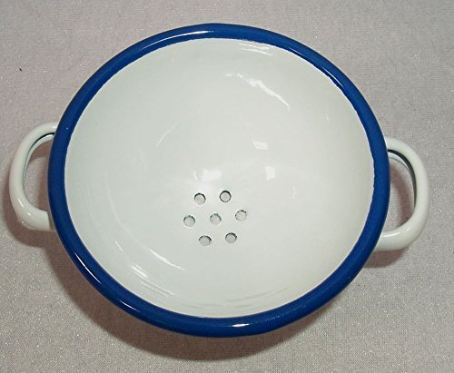 Kleiner Emaille Durchschlag, Seiher, Abtropfsieb weiss- blau, 11 cm