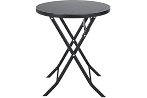 The Fellie Garden Table Outdoor Dining Table Tempered Glass Top Coffee Table Folding Patio Side Table(Round Folding-60x60x70cm)