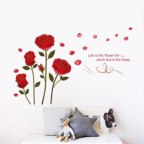 Qianxing abnehmbares wiederverwandbares schöne entspannte Landschaft Wandbild Wallsticker Blumen und Baum Serie Wandtattoo Aufkleber für Sofa und Fernsehen im Wohnzimmer Deko Wandpapier(rote Rosen)(120*75)