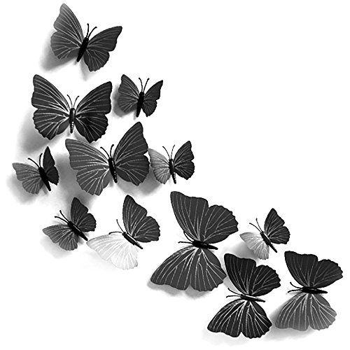 Uten® 12tlg 3D Wandtattoo Wand Aufkleber Wandbilder Schmetterlinge 3D-Style Wanddekoration mit Klebepunkten zur Fixierung (Klebepunkten+ Magnet) in Schwarz - 2