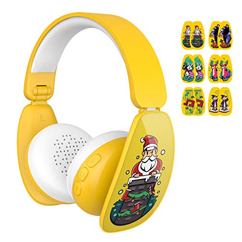 Mindkoo MK-BH03, Auriculares Bluetooth Plegables Estéreo Para Niños (Volumen Limitado a 85db, 6 Pegatinas De Bricolaje De Dibujos Animados Para Divertirse, 15H De Reproducción)  amarillo