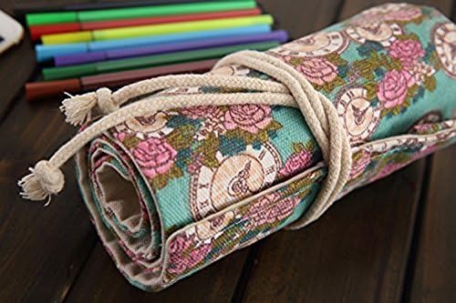 Pencil Wrap Holders Canvas Travel Drawing Pencils Roll Up Colored Pouch Case Students/Adult Inserting Pencil Bag Organizer For 72 Art Colored Coloring Pencils(Pencils are not included) (Rose clock)
