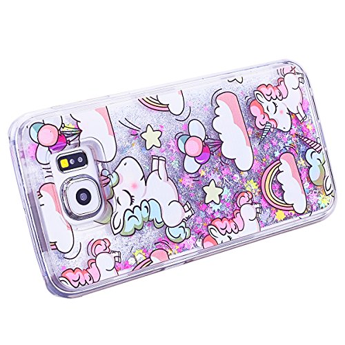Samsung S6 Funda Bling Arena Movediza Lentejuelas Carcasa   We Love Case L  quido Funda para Samsung Galaxy S6 Glitter Estrellas Lentejuela Arenas Movedizas Carcasa PC Casco de Pl  stico Duro Cascara Sparkle Brillar Claro Cristal Caso Bumper Case Cover Moda Tapa Transparente Cubierta Caja de Protecci  n Resistente a Ara  azos Choque Absorci  n - Dise  o Dibujo Unicornio Unicorn Plata