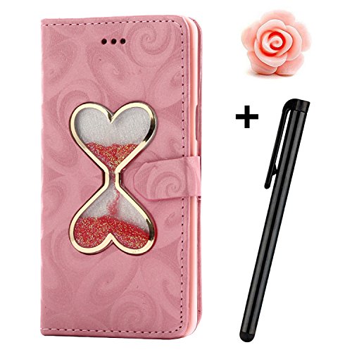 Galaxy S7 Hülle,Samsung Galaxy S7 Tasche,TOYYM Bling 3D Sanduhr Design with Shinny Flüssig Treibsand Flüssigkeit Schutzhülle PU Leder Flip Cover Wallet Case,Handytasche Hüllen im Bookstyle mit Stand Funktion Kartenfächer Magnetverschluss Handyhülle Etui Schale Backcover Protektiv Cover Tasche Schutztasche für Samsung Galaxy S7+1x Dust Plug+1x Stylus-Rosa