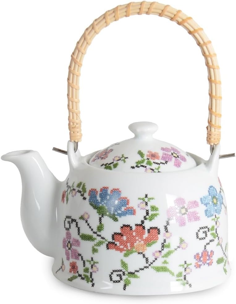 Deconox Porselen Çini Piraye Demlik - Bambu/Hasır Saplı, Ateşe Dayanıklı Nostaljik Bitki Çayı ve Çay Demliği (900 ml - 2 Farklı Desen Seçeneği) (PIRAYE)