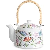 Deconox Porselen &Ccedil;ini Piraye Demlik - Bambu/Hasır Saplı, Ateşe Dayanıklı Nostaljik Bitki &Ccedil;ayı ve &Ccedil;ay Demliği (900 ml - 2 Fark