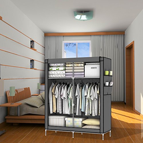 Intirilife – schließbares DIY Falt-Schrank Regal-system mit Kleiderstangen, Ablagemöglichkeiten und Seitentaschen – Steck-Regal Kleider-Schrank Stoffschrank Kommode Steckschrank Abmessung: 108 cm x 170 cm x 45 cm in STEIN-GRAU - 4