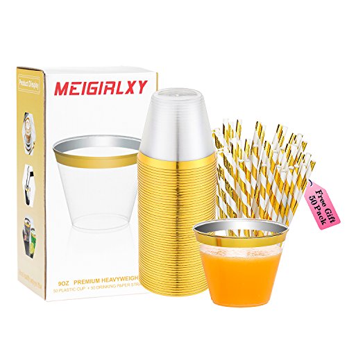 Meigirlxy Plastique Tasses, 50pcs 9 oz Doré Plastique Transparent Tasses + 50pcs Pailles de Papier, Tasses jetables pour fête d'anniversaire de Mariage/extérieur/dîner de Famille