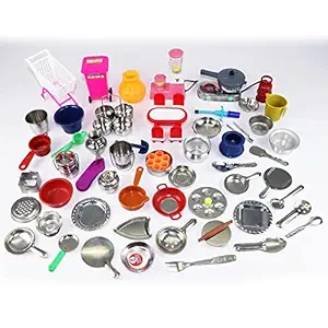 53 Pieces - Miniature Kitchen Set, Mini Kitchen Set, Kitchen Set for Kids Girls, Real Cooking Kit for Play, Steel Kitchen Set for Girls, Choppu Jaman, Miniature Cooking Set (Pack - 53)