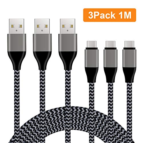 Amoner [Pack de 3, 1m] Câble USB C 2.0, Nylon Tressé Type C Cable USB C Chargeur en Aluminium pour Samsung S9/S8, Huawei P20/Mate20, Onplus 2/3/, Xiaomi 8/Mix3 (Noir)
