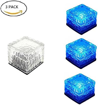 Solar Powered Glass Ice Cube Brick Blocks Blue Color Outdoor Buried Garden Path Lamp for Yard Patio Landscape Decoration (Set of 3)