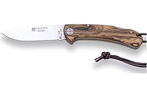 Joker Navaja de caza Cocker NB134, hoja acero inox MOVA 9 cm, mango de madera bocote, cordón de cuero, herramienta de pesca, caza, camping y senderismo