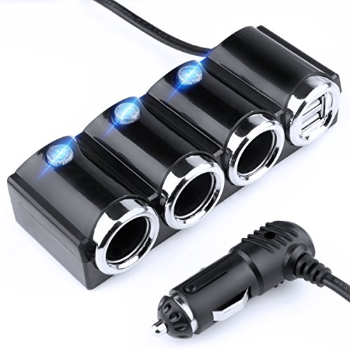 KFZ 12V/24V Auto Verteiler 5 Fach – 3x Zigarettenanzünder Adapter mit 2x USB Ladegerät 120W + Kabel 2in1 microUSB/Lightning für Handy Smartphone GPS Navigation – Ladesteckdosen LED - 2