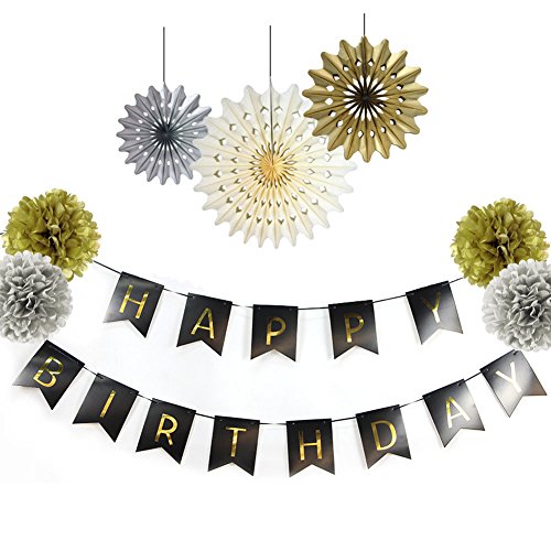 SUNBEAUTY 8er Geburtstag Dekoration Set Happy Birthday Girlande Seidenpapier Fans Paper Circle Dots Garland Pom Poms Flowers for 30th 50th Birthday Party Decoration,Gold Black White (8er Set)