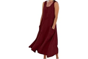 AMhomely Fancy Dress for Women UK Party Elegant Casual Solid Color Sleeveless Cotton Linen Long Dress Ladies Trendy Tunic Dresses Activewear Dresses for Vacation Cocktail Formal Work Wedding