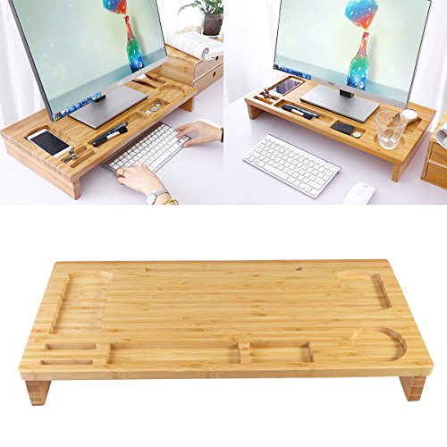 OULII Bambus-Monitorständer, erhöhter Holz-Schreibtisch für den Laptop mit Ablagefächern - 5