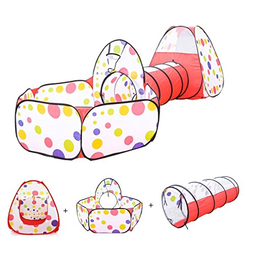 Sonyabecca Children's Play Tent Tunnel Cubby-Tube-Teepee Playground 3pc Pop -up Indoor Outdoor Game house Toy Hut Easy Fold Ocean Ball Pit with Basketball Hoop