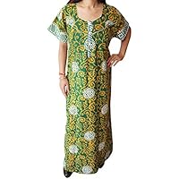 Womens Maxi Caftan Dress Green Floral Printed Boho Resort Wear XL