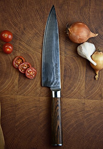 Damastmesser von ALPENKOCH – 20 cm Klinge – Kochmesser – HRC 60 – Äußerst scharf! – Pakka-Holz Griff – perfekt ausbalanciert – Ideal für Hobby- & Profiköche mit hohen Ansprüchen (Chef) - 3