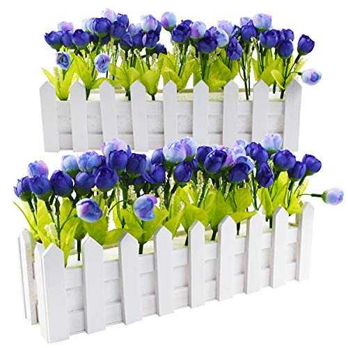 XONOR Artificial Flower Plants - Roses and Rosebuds in Picket Fence Pot for Office Garden Wedding Home Decor (2 Sets, Blue)
