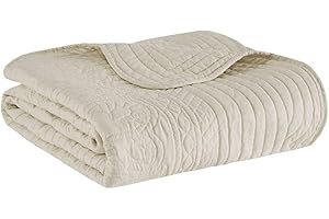 Madison Park Luxe Pikowany koc narzutowy - wzór szwów adamaszkowych, narzuta wypełniona bawełną, ultramiękka, przytulna pościel na kanapę do salonu, sofę, łóżko, 152 x 183 cm, kremowe brzegi