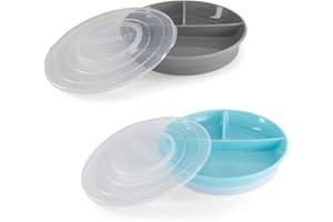 Twistshake Talerz Dzielony Dla Niemowląt i Dzieci Z Hermetyczną Pokrywką | Bez BPA | Do Karmienia | Szary Niebieski
