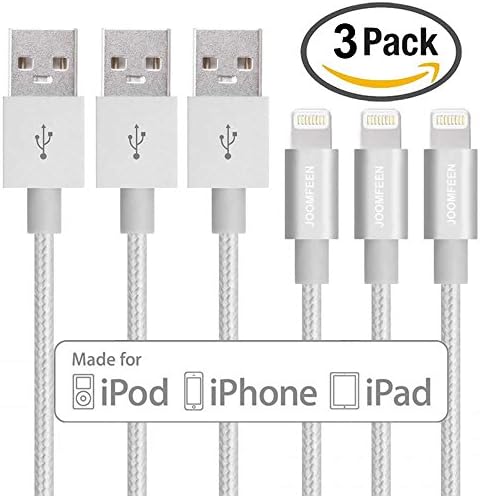 iPhone Charger, JOOMFEEN 3Pack 3ft/1M Nylon Braided 8 Pin Lightning Cable Syncing and Charging USB Cables Cord for Apple iphone 7/7 Plus/se/6s/6s plus/6plus/6,5s/5c/5,iPad Mini/Air/Pro,iPod(Silver)