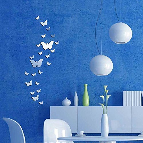 30pcs White Butterfly Wall Stickers DIY Art Silver Acrylic Mirror Wall Sticker Home Decoration