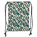Produktbild DANCENLI Drawstring Sack Backpacks Bags,Jellyfish Decor,Vintage Diver Suit Pattern Jellyfish at The Background Water Sports Tile Theme,Teal Brown Soft Satin,5 Liter Capacity,Adjustable String Cl