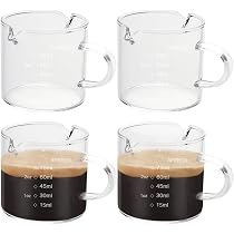 Set 4 Bicchierini Dosatori In Vetro Per Caffè Espresso – 30 Ml Con Scala In Cucchiaini E Cucchiai (rosso E Nero)
