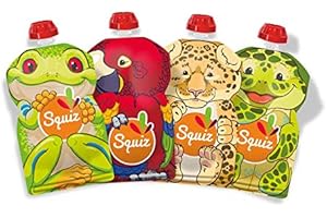 Lot de 4 Gourdes Réutilisables 130ml | Collection amazonie | Pour bébé, enfant et adulte | compotes, purées, et smoothies | Étanches et Durables | Fabriquées en Suisse et en France | Squiz